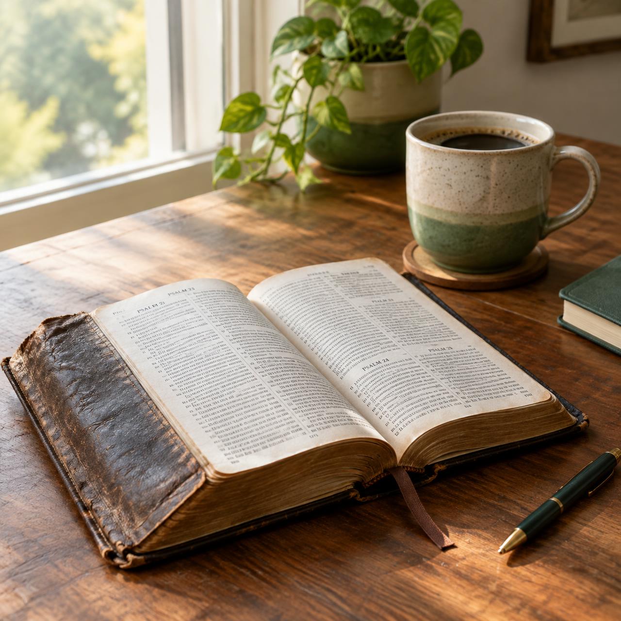 An open Bible on a wooden table in morning light