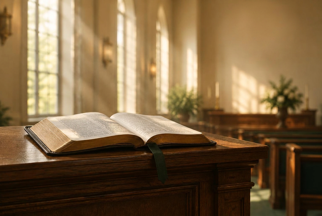 An open Bible resting on the wooden pulpit